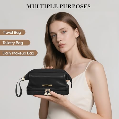 Travel Makeup Bag, Double Layer Cosmetic Bags for Women,Black - color: Black, size: Medium