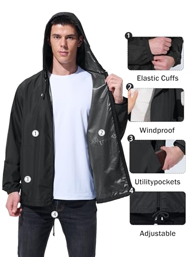 UIQUR Mens Rain Jacket Raincoat Waterproof Windbreaker - color: Black, size: Large