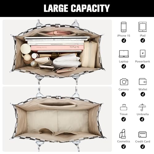 KALIDI PVC Tote Bag Women’s Kraft Paper Work Handbags Purses with Top Handle - color: Nylon-checkerboard Black