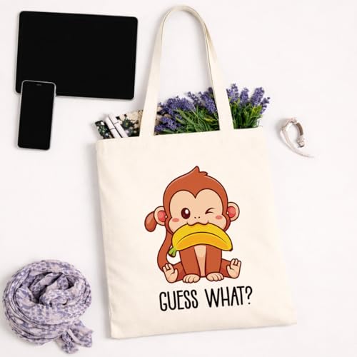 Cute Animal Canvas Tote Bag for Women, Reusable Funny Shoulder Bag, Cartoon Carryall for Work Grocery Travel - color: Monkey