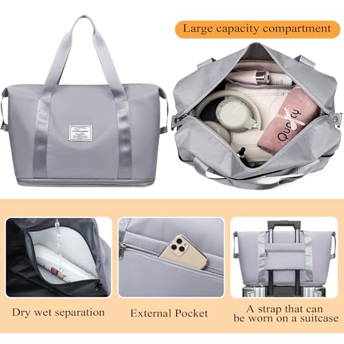 Travel Duffel Bag For Women and Men Waterproof Expandable Travel Bag Weekender Overnight Carry on Tote - color: Grey