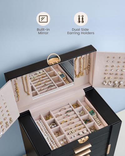 Lolalet Large Jewelry Box, 7-Layer Jewelry Organizer with 6 Drawers -Black - color: Black, size: 7-Layer (11.4" W × 6.9" D × 13" H)
