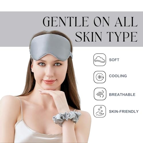 Silver Sleep Eye Mask, Blackout Silk Satin Travel Blindfold Set Women - color: Silvergrey