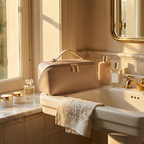 ALEXTINA Travel Makeup Bag, PU Leather Cosmetic Bag, Khaki - color: smooth khaki, size: Medium