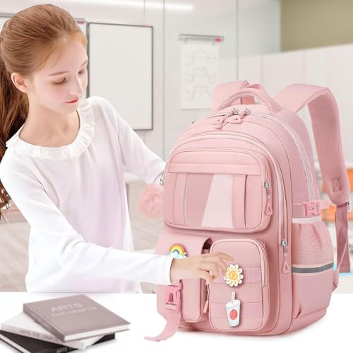 Kids Backpacks for Girls - Cute Girls Backpack for Kids Children Teens Elementary Middle School - 17″ Students Bookbag Travel Back Pack for Age 6-18 - color: Tm-pink-backpack Only