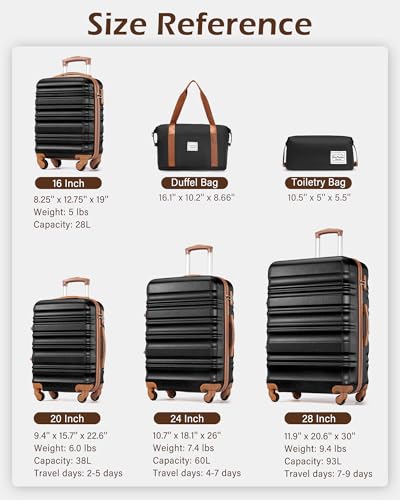 LONG VACATION Luggage Sets, 6 Piece, Hardshell Suitcase with Spinner Wheels - color: BLACK-BROWN, size: 6-Piece Set