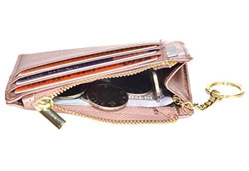 woogwin Slim RFID Credit Card Holder for Women Mini Front Pocket Wallet Purse With Keychain - color: Oil Wax RoseGold