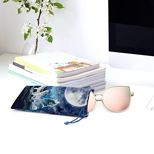 WIRESTER Set of 3 Polyester Sunglasses Pouch, Eyeglasses Soft Case with Drawstring Closure - color: Celestial Sun Moon, Wolf Pack Moon, Butterfly
