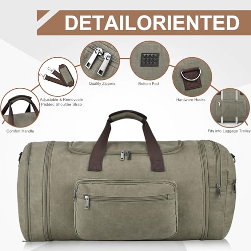 Felipe Varela 60L Canvas Duffle Bag for Men, Travel & Gym Carry on, Green - color: Green, size: 60L
