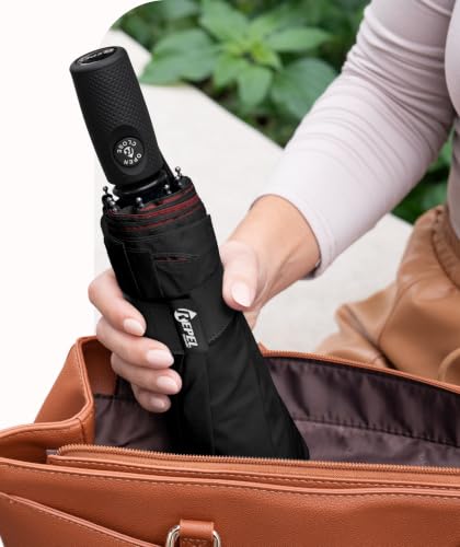 Windproof Travel Umbrella - Compact & Withstands Winds up to 100MPH, Strongest Premium Auto Folding Umbrella for Rain and Sun - Durable, Light & Portable for Women & Men, Fits Backpack & Cars - color: Black + Red 1-Pack