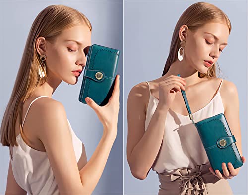 SENDEFN Wallets for Women Leather Credit Card Holder with RFID Blocking Large Capacity Wristlet - color: 1-Wax-A-Blue