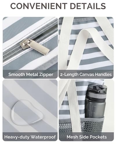 HOMESPON Beach Bag Large Waterproof Sandproof Tote for Women with Zipper and Mesh Pockets | 2 Sizes up to 41L, Wet-Dry Separation, Inner Security Pocket, Pool Cruise Yacht & Spa - color: Gray Stripe, size: Medium
