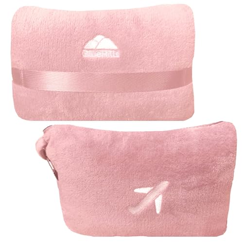 BlueHills Premium Soft Plush Mini Travel Blanket Pillow Car Dusty Rose Pink | Compact Airplane Blanket, Portable Pillowcase, Long Flights, 2 in 1 Plane Essentials, Luggage Strap & Carabiner, Lightweight - color: Pink-m02