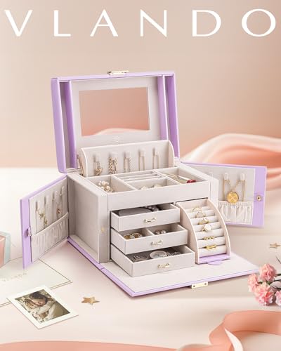 VLANDO Jewelry Box Organizer with Mirror and 3 Drawers,Purple - color: Purple