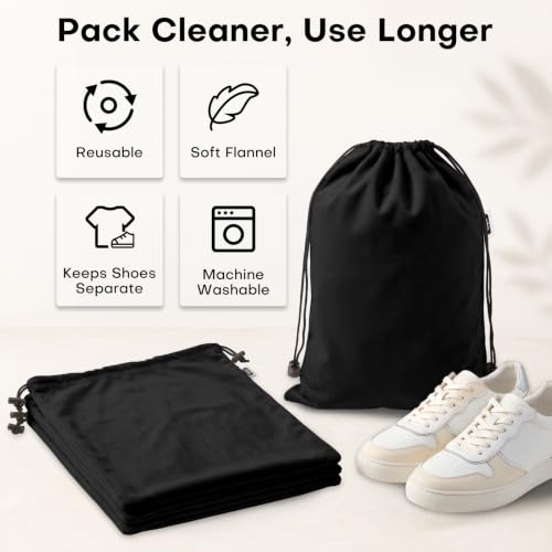 4 Pack Flannel Cloth Shoe Bags for Travel & Packing for Women & Men - color: Black