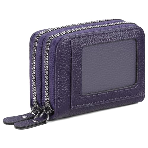 RNIEGA Credit Card Holder Wallet RFID Blocking Leather Small Wallet for Women Double Zipper Wallet with ID Window - color: A-Dark Purple