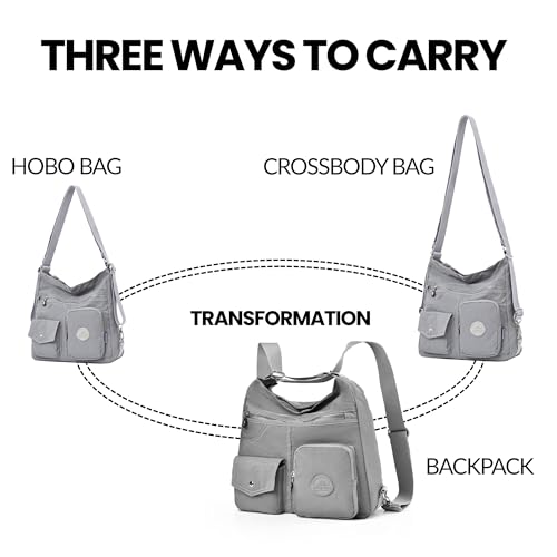 Hobo Purse for Women, Nylon Crossbody Shoulder Handbag Convertible Backpack - color: Grey