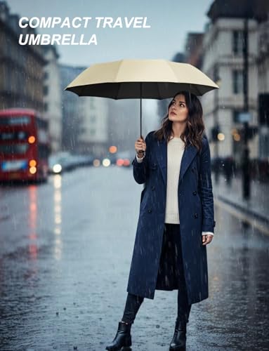 SoulRain 46" Travel Sun & rain Umbrella, Lightweight Windproof Umbrella, Portable Lightweight Compact Parasol with 95% UV Protection for women and men - color: Beige