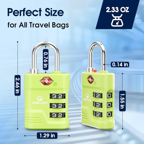 SURE LOCK TSA Approved Luggage Lock – 3-Digit Resettable Combination Padlock with Open Alert Red Dot, Large Easy-Read Dials for Suitcases, Backpacks, Gym & School Lockers - color: Green