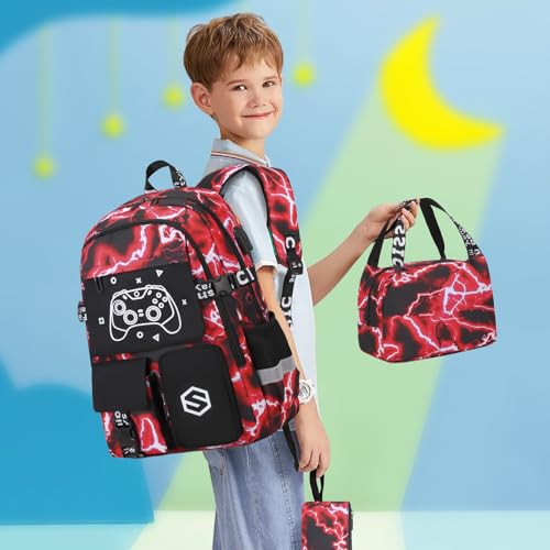 Scothen Boys Backpack, Cool Luminous Kids School Backpacks with Lunch Bag - color: Red Lightning