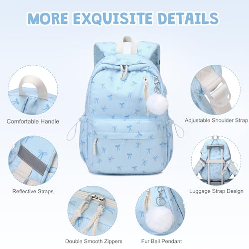 ACESAK 3PCS Corduroy Girls Backpack w/Lunch Box & Pencil Bag (Blue Bow Tie) - color: Blue Bow Tie