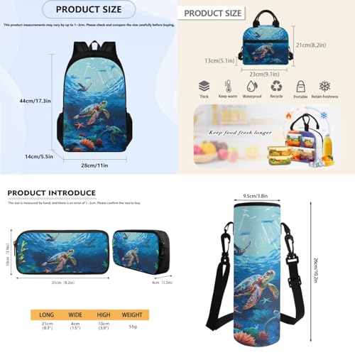 Sea Turtle 4 in 1 Unisex Kids School Backpack Set with Insulated Lunch Bag, Pencil Case, Water Bottle Holder, 17.3 Inch Backpack for Teens and Kids - color: Sea Turtle
