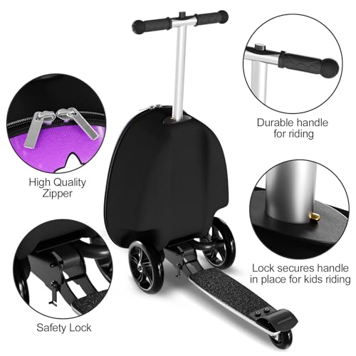 Baotree 2-in-1 Ride-On Scooter Suitcase, Scooter Luggage for Kids Ages 5-12, Foldable & Lightweight Carry with LED Light-Up Wheels - color: Purple-1