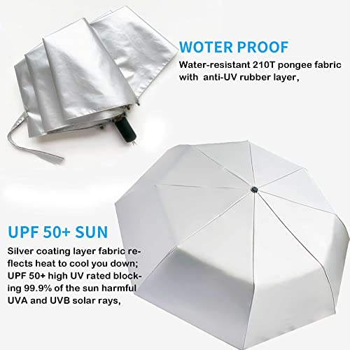 SIEPASA Compact Travel Umbrella - Windproof Auto Open/Close, Small Folding Umbrella for Rain & Sun with UPF50+ - Lightweight Frame, Waterproof - Fits Backpack, Purse, Suitcase.(Silver/Black) - color: UPF-Silver-Black, size: 42 Inch