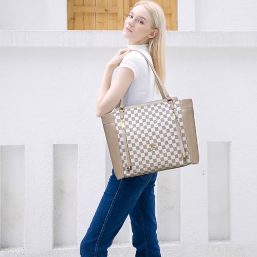 miss fong Checkered Diaper Bag Tote Leather Diaper Bag Backpack, Large Capacity Mommy Bag Hospital Bag, 12 Pockets Travel Diaper Tote with Changing Pad for Mom Plaid Tote Bag for Women-Beige&Honey - color: Beige&honey