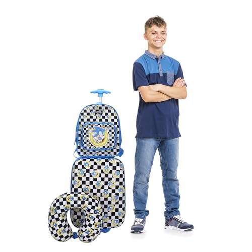 Bioworld Sonic the Hedgehog Kids' 3-Piece Travel Set With Luggage, Backpack, and Neck Pillow - color: Sonic the Hedgehog Blue