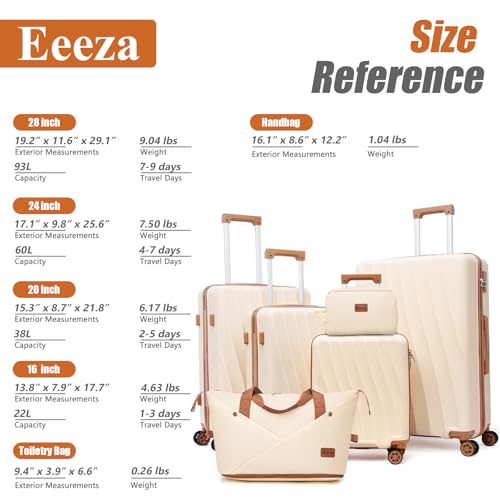 Eeeza Luggage Sets 6 Piece Suitcases (Beige, 16"/20"/24"/28"/DB/TB) - color: Beige, size: 6 Piece Sets (16/20/24/28/DB/TB)