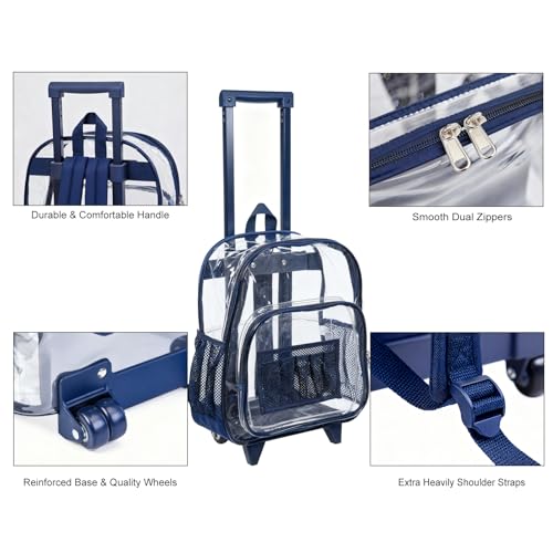 COVAX Rolling Clear Backpack, Heavy Duty See Through Bookbag, Transparent PVC Cold-resistant Backpack with Wheels (Navy) - color: Navy