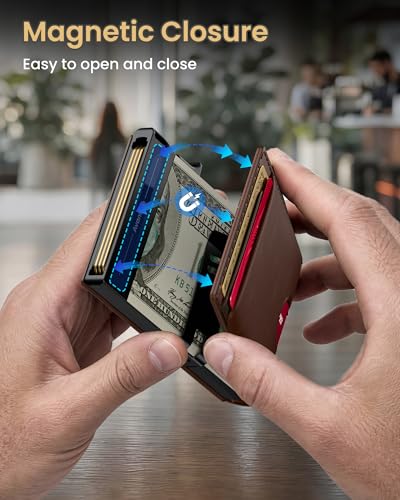 Wallet for Men Card Holder: Pop Up Card Case, Genuine Leather, Smart, RFID Blocking, Slim, Minimalist, Thin, Front Pocket - 12 Card Capacity, ID Window, Money Clip (Brown) - color: Brown