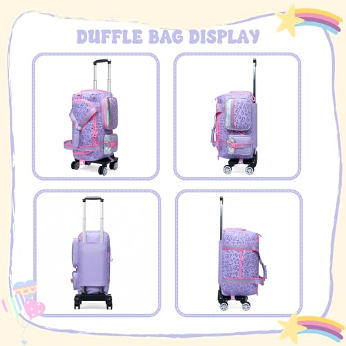 Girls Rolling Duffel Bag with Wheels - Travel Bag for Kids, Overnight, Dance & Gym Use with Shoe Compartment - color: Purple Love