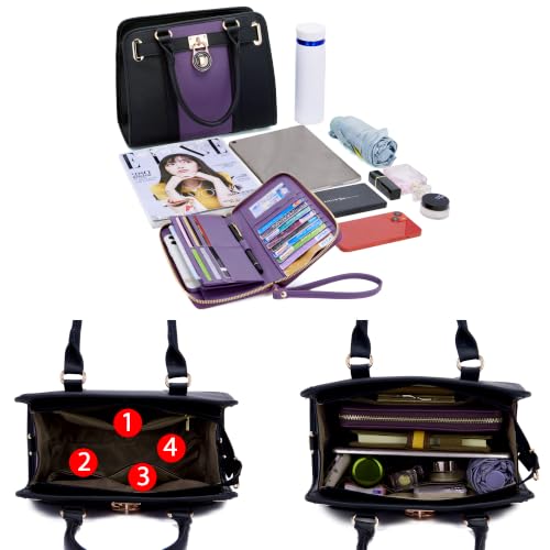 Qiyuer Structured Satchel Tote Handbags Set Women Purses with RFID Wallet - color: A1-2pcs/Set Purpleblack