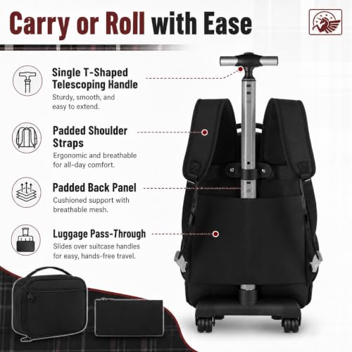 AGSDON Rolling Backpack for Girls, 21" Women Roller Wheels Bookbag, Laptop Wheeled Suitcase School Backpacks with Lunch Bag for Teens - color: Square Black