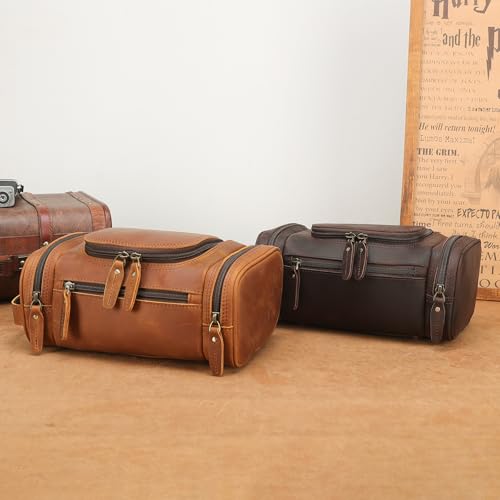 Polare Toiletry Bag Full Grain Leather Shaving Kit Dopp Kit Travel Case Wash Bag with YKK Zippers - color: B-Brown