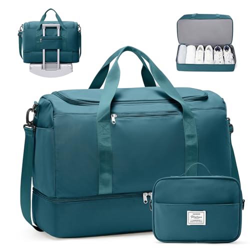 Travel Duffle Bag with Shoe Compartment, XL Weekender Bags for Women - color: B-Peacock Blue with Toiletry Bag, size: Extra Large
