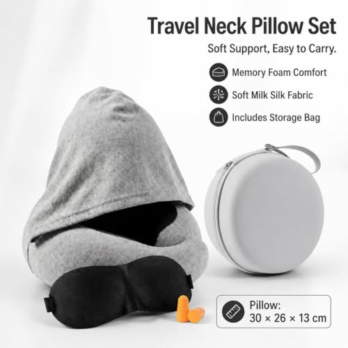 Travel Pillow with Hood - Memory Foam Neck Pillow for Airplane