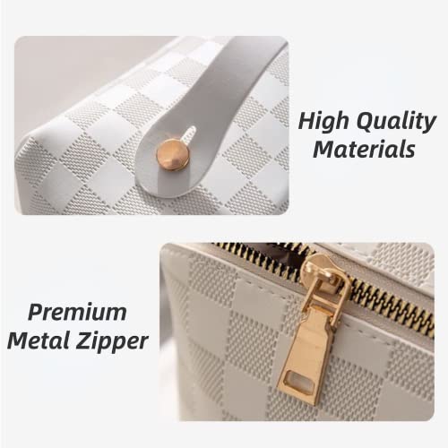 Checkered Makeup Bag,180° Flat Open Cosmetic Bag for Women,Large Capacity Travel Toiletry Bag with Brush Pouch,Waterproof PU Leather Make Up Organizer for Skincare & Makeup (white-checkered) - color: White-Checkered