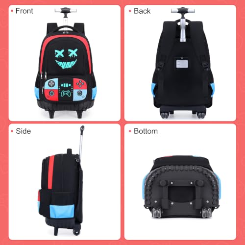 Bevalsa Rolling Backpack for Boys,Cool Gamer Boys Backpack with Wheels | Wheeled Schoolbag with Lunch Box & Pencil Case,Kids School Backpack with Wheels for Kindergarten Elementary School Travel - color: Red Blue Smile