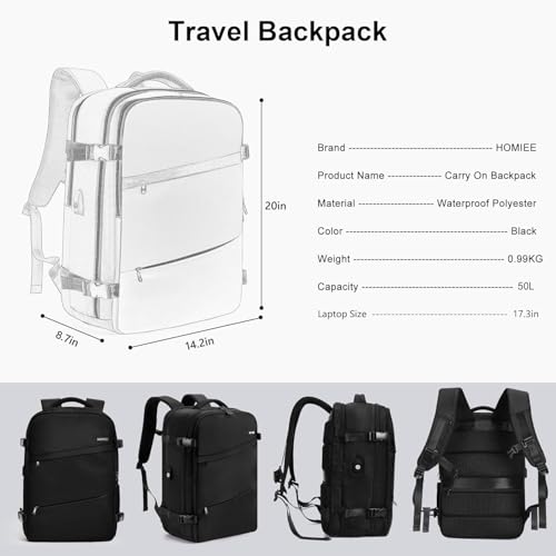 HOMIEE 50L Travel Backpack Large Suitcase Water Resistant Carry on Luggage - color: Black, size: 3X-Large