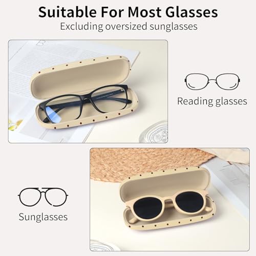 Glasses Case Hard Shell, Cute Sunglasses Case for Women Leather Protective Case for Eyeglass with Cleaning Cloth - color: Light Brown Polka Dots