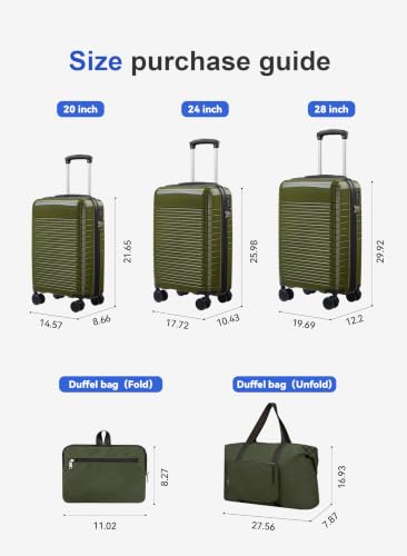 5-Piece PP Hard Shell Luggage Set, 20/24/28 Inch Suitcase with Foldable Travel Bag & Toiletry Bag, Dark Green - color: M - Dark Green