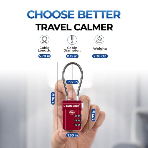 SURE LOCK 3 Digit TSA Approved Luggage Locks - size: Standard Cable