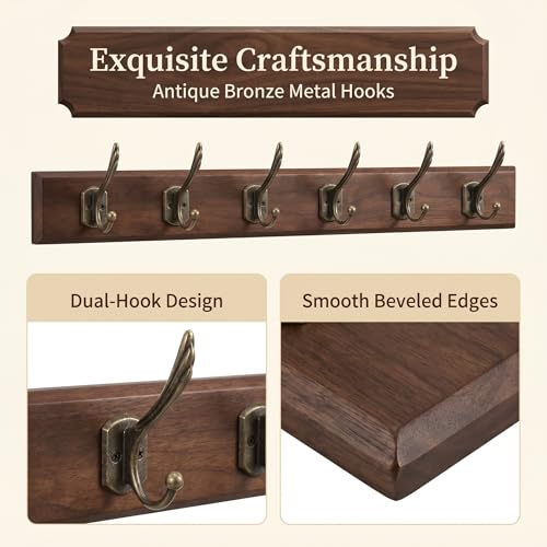 Wall Mounted Coat Rack with Solid Wood, 6 Bronze Metal Hooks – 23.22 Inch Rustic Brown Entryway Organizer for Hanging Coats, Hats, Jackets, Scarves, Bags, for Hallway, Bedroom, Bathroom(6Hooks) - size: Medium