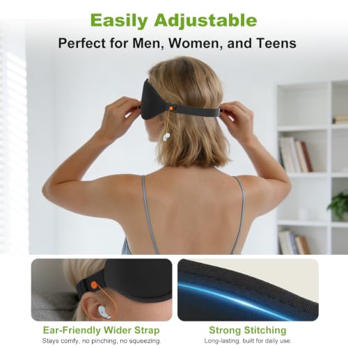 3D Contoured Sleep Mask with Earplug Keeper,Earbuds Anti-Loss,100% Pressure-Free & Total Light Blocking Eye Mask with Adjustable Strap. Ideal for Sleep Earplug User, Airplane Travel, Meditation Black - color: Black