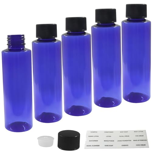 BokWin Blue 3.4 oz Empty Plastic Travel Bottles, 5 Pack | For Toiletries, Refillable Squeeze Containers, Easy-to-Read Labels, For Shampoo Conditioner Lotion - color: Blue
