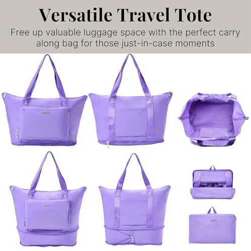 Baggallini Carryall Expandable Lightweight Travel Tote 22" Packable Folding Compact Nylon Washable Weekender w/Luggage Sleeve - color: Lavender Surf