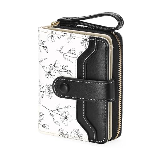 GAEKEAO Womens Wallet Slim Thin RFID Blocking Floral Leather Card Holder Bifold Long Ladies Wallet with Zipper Pocket - color: A02-Black & White